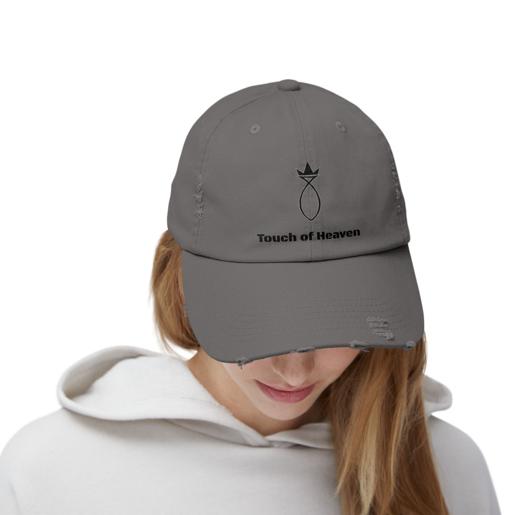 Touch of Heaven Distressed Cap — Minimal Embroidered Symbol Hat