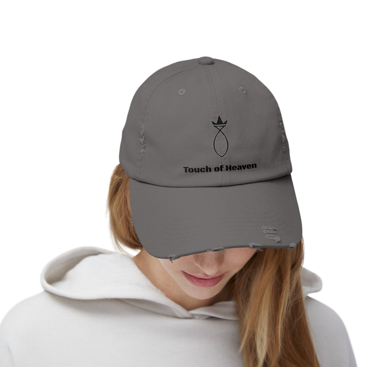 Touch of Heaven Distressed Cap — Minimal Embroidered Symbol Hat