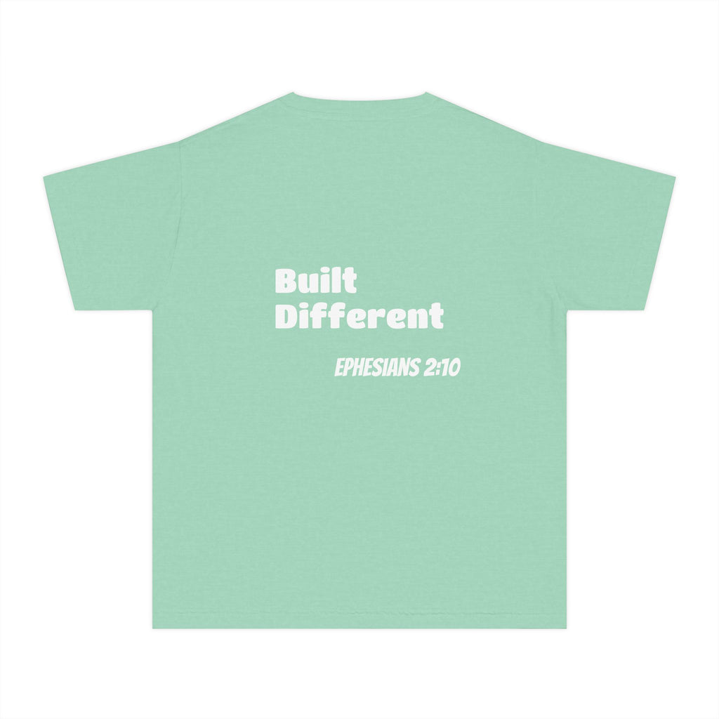 Youth Tee — "Touch of Heaven" Front Logo + "Built Different" Ephesians 2:10 Christian Shirt
