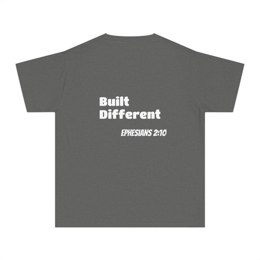 Youth Tee — "Touch of Heaven" Front Logo + "Built Different" Ephesians 2:10 Christian Shirt