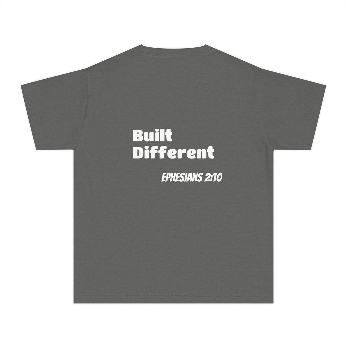 Youth Tee — "Touch of Heaven" Front Logo + "Built Different" Ephesians 2:10 Christian Shirt