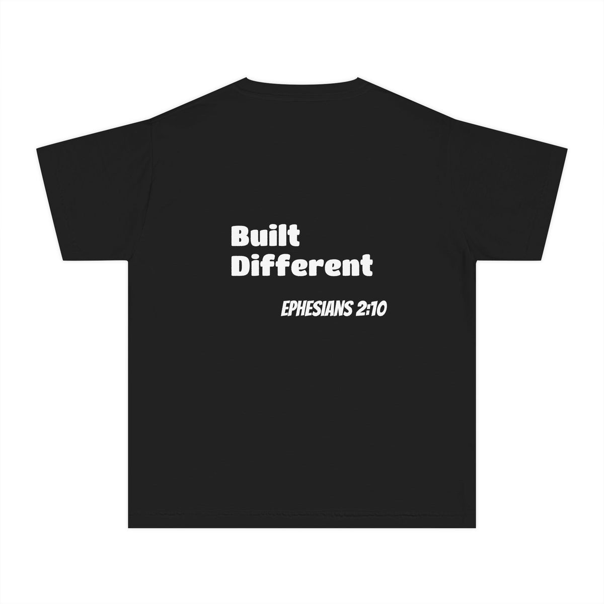 Youth Tee — "Touch of Heaven" Front Logo + "Built Different" Ephesians 2:10 Christian Shirt