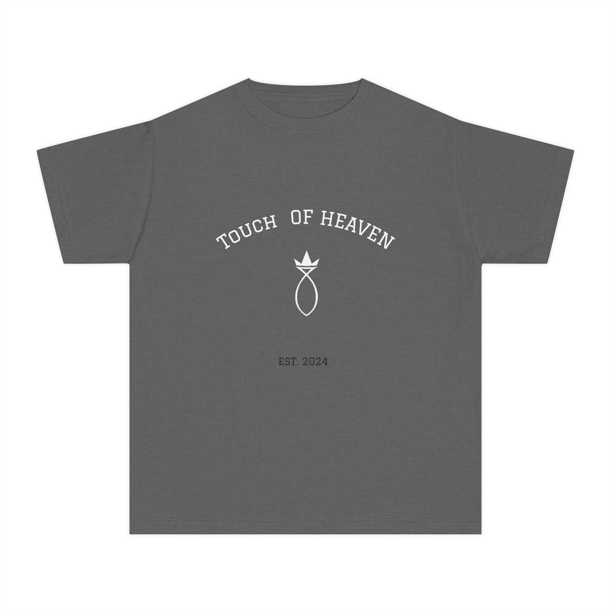 Youth Tee — "Touch of Heaven" Front Logo + "Built Different" Ephesians 2:10 Christian Shirt