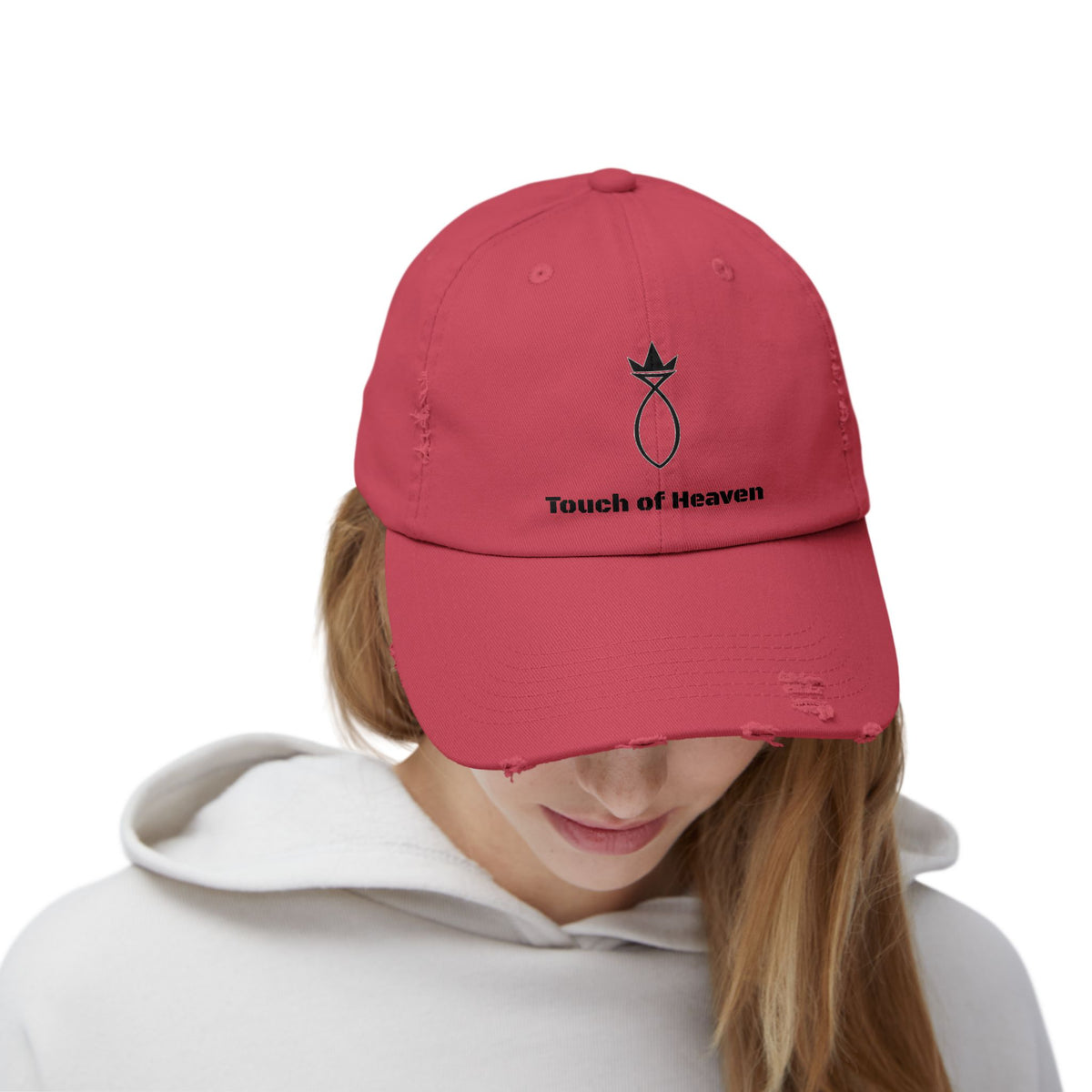 Touch of Heaven Distressed Cap — Minimal Embroidered Symbol Hat