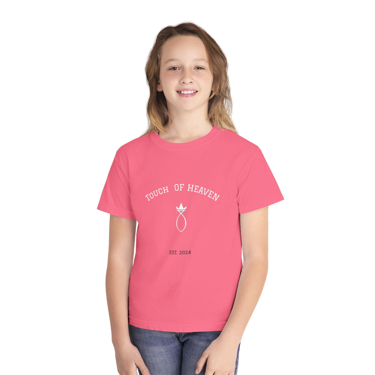Youth Tee — "Touch of Heaven" Front Logo + "Built Different" Ephesians 2:10 Christian Shirt