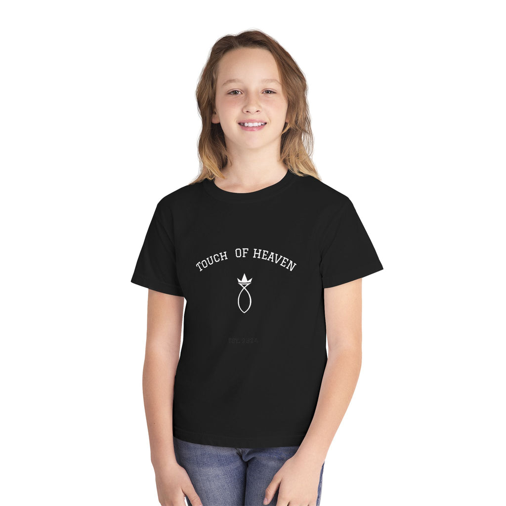 Youth Tee — "Touch of Heaven" Front Logo + "Built Different" Ephesians 2:10 Christian Shirt