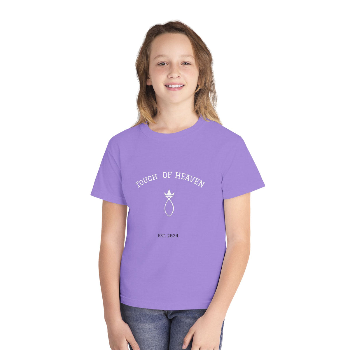Youth Tee — "Touch of Heaven" Front Logo + "Built Different" Ephesians 2:10 Christian Shirt