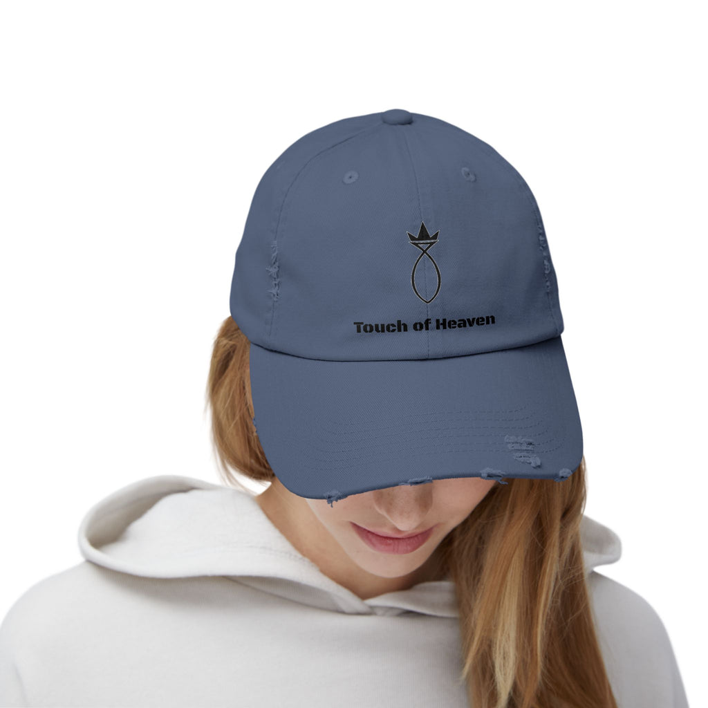 Touch of Heaven Distressed Cap — Minimal Embroidered Symbol Hat