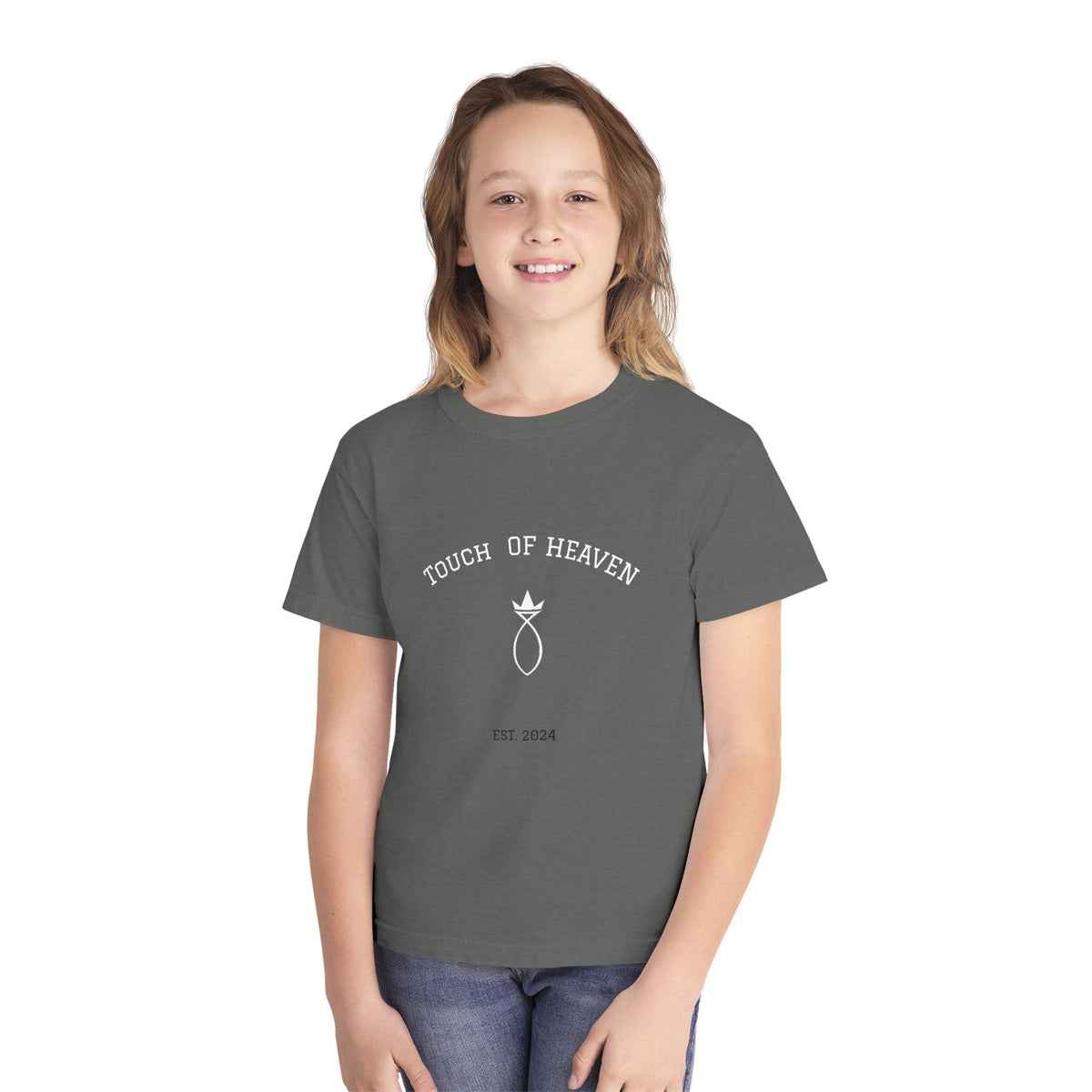 Youth Tee — "Touch of Heaven" Front Logo + "Built Different" Ephesians 2:10 Christian Shirt
