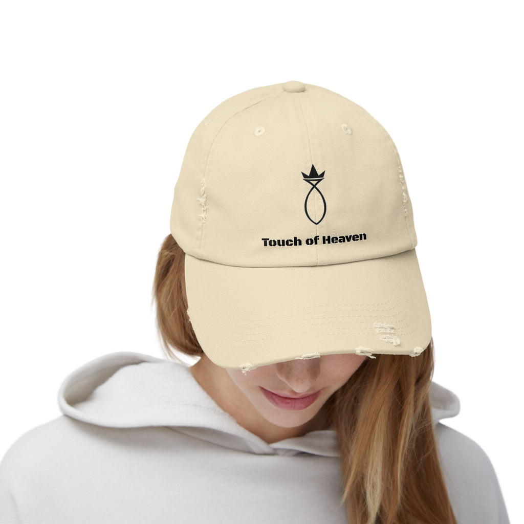 Touch of Heaven Distressed Cap — Minimal Embroidered Symbol Hat
