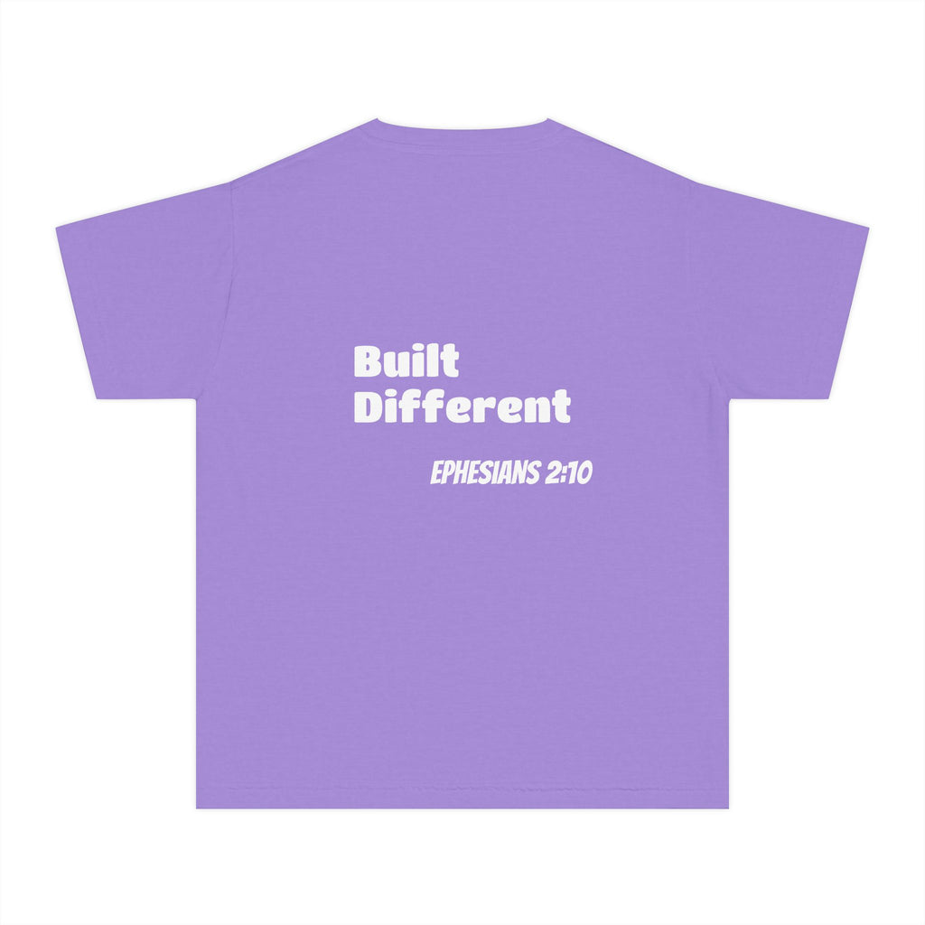 Youth Tee — "Touch of Heaven" Front Logo + "Built Different" Ephesians 2:10 Christian Shirt