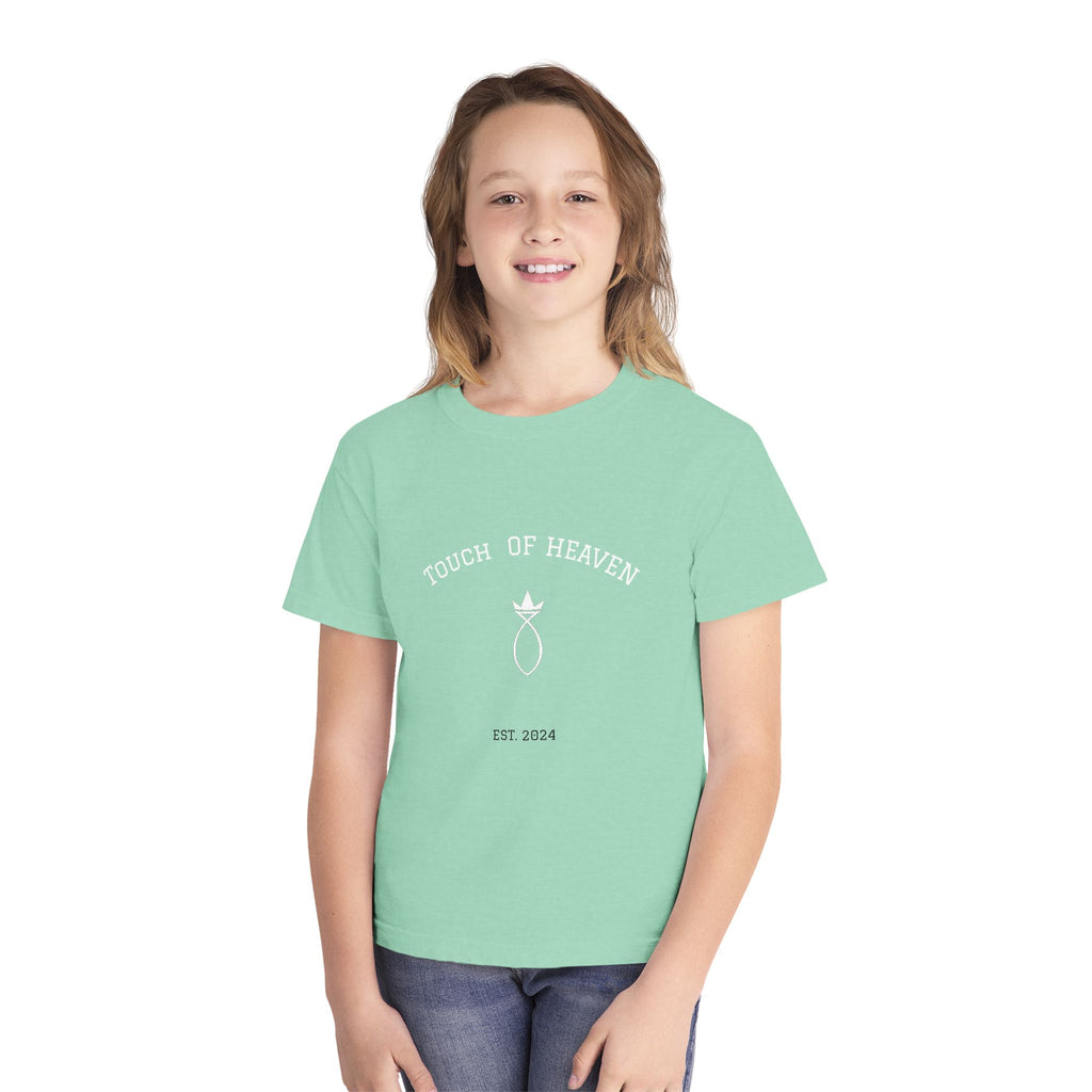 Youth Tee — "Touch of Heaven" Front Logo + "Built Different" Ephesians 2:10 Christian Shirt